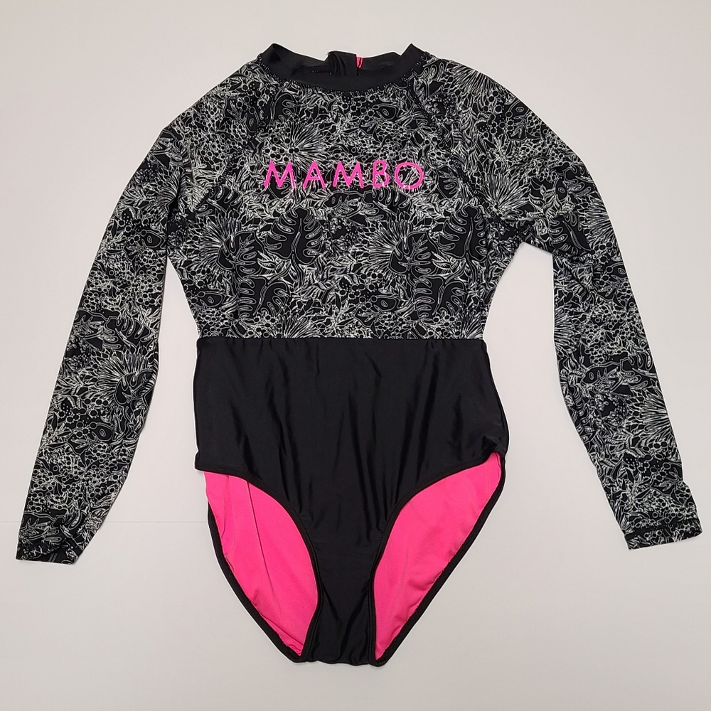 Mambo One Piece Active Long Sleeve Swimsuit Black White Swim Surf Beach Women 12